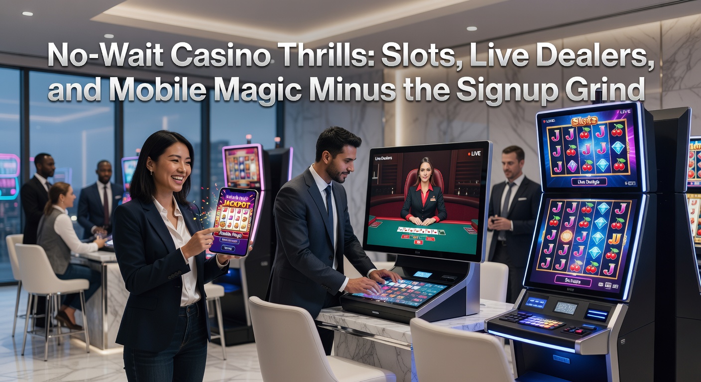 Live dealer blackjack table with cards being dealt, surrounded by slot icons and a smartphone displaying a casino app, emphasizing real-time no-wait gaming