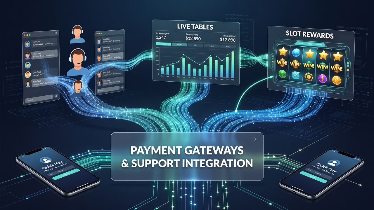 Diagram showing payment gateway connections between support teams, live dealer tables, and slot reward systems in mobile no-account casino environments